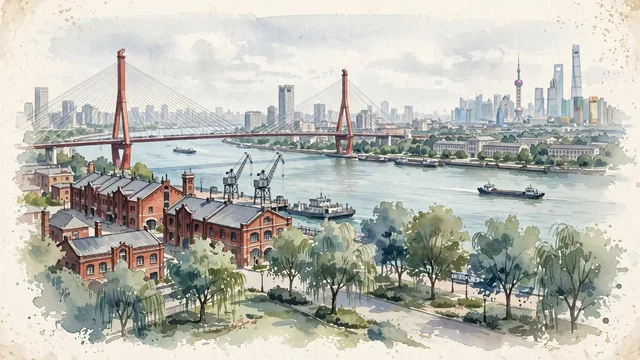 Watercolour of Yangpu, China. Centered around The Yangpu Riverfront industrial heritage park with converted cranes and brick docks, the Yangpu Bridge over the Huangpu River, and Fudan University. Featuring Yangpu Riverside and Yangpu Waterworks.