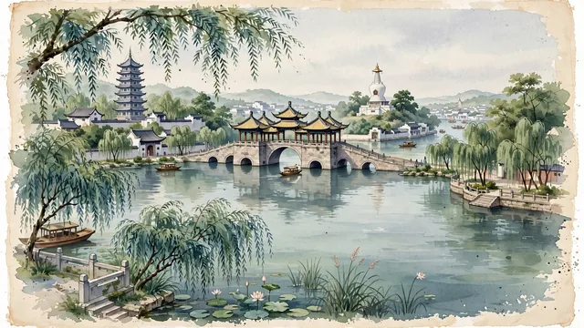 Watercolour of Yangzhou, China. Centered around Slender West Lake (Shou Xihu) with the Five-Pavilion Bridge and White Pagoda, Daming Temple, and the ancient Grand Canal. Featuring Slender West Lake and Daming Temple.