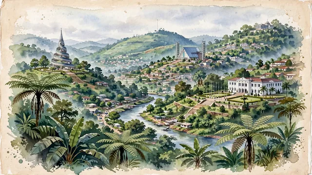 Watercolour of Yaoundé, Cameroon. The "City of Seven Hills", with Monument de la Réunification and Cathédrale Notre-Dame-des-Victoires.