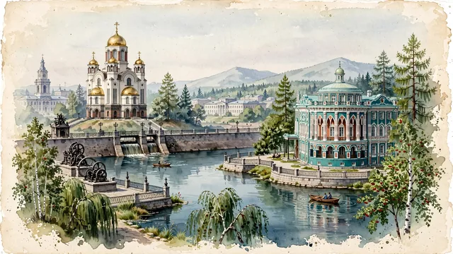Watercolour of Yekaterinburg, Russia. Centered around The Church on Blood in Honour of All Saints, the Iset River city pond (Plotinka) with historical dam, and Sevastyanov's House. Featuring Honour of All Saints and Iset River.