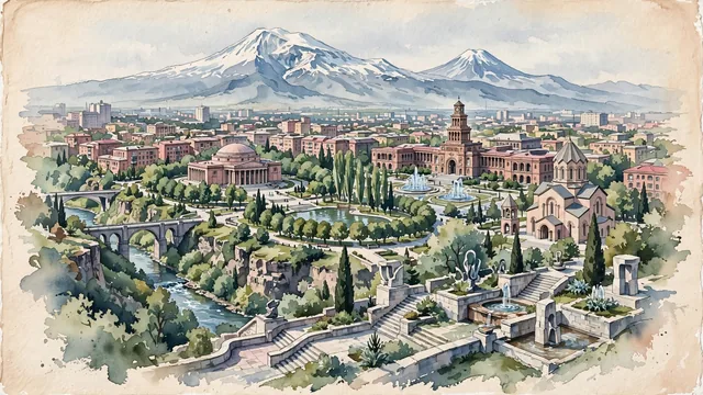 Watercolour of Yerevan, Armenia. The ancient "Pink City" framed by biblical Mount Ararat, with Yerevan Cascade and Mount Ararat.