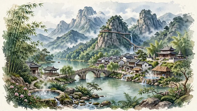 Watercolour of Yichun, China. Centered around Mingyue Mountain (Moon Mountain) with misty bamboo peaks, the ancient hot spring village of Wentang, and the Xiujiang River. Featuring Mingyue Mountain and Ming Dynasty.