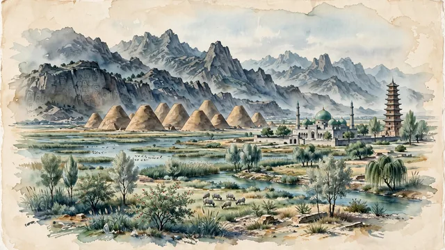 Watercolour of Yinchuan, China. Centered around The Western Xia Imperial Tombs (Pyramids of China) against the Helan Mountains, the Nanguan Mosque, and the Yellow River wetlands, with Western Xia Imperial Tombs and Nanguan Mosque.
