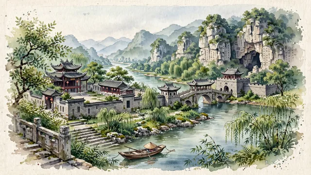 Watercolour of Yongzhou, China. Centered around The ancient Liu Zihou (Liu Zongyuan) Temple by the Xiaoshui River, Chaoyang Cave cliffs, and the Xiangjiang River confluence, with Liu Zihou Temple and Chaoyang Cave.
