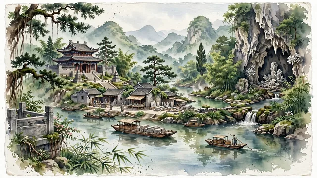 Watercolour of Yunfu, China. Centered around The historic Guo'en Temple (Sixth Patriarch Huineng's ancestral shrine) on Mount Longshan, Panlong Cave, and the Xijiang River, with Guo'en Temple and Panlong Cave.