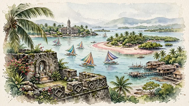 Watercolour of Zamboanga, Philippines. Centered around Fort Pilar (Real Fuerte de Nuestra Señora del Pilar) stone fortress, colorful vinta sailboats on the sea, and the pink sand beaches of Santa Cruz Island, with Fort Pilar and Sama-Bajau and Yakan.