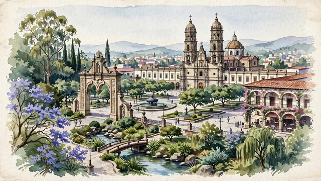 Watercolour of Zapopan, Mexico. Centered around The monumental Basilica of Our Lady of Zapopan on Plaza de las Américas, the historic stone archway of Arco de Ingreso, and the Colomos park forest, with Basilica of Our Lady of Zapopan and Américas Juan Pablo II.
