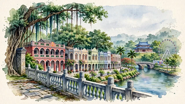 Watercolour of Zhongshan, China. Centered around Sun Yat-sen's Former Residence in Cuiheng Village, the pedestrian Sunwen West Road arcade street, and Qijiang River, with Former Residence of Dr. Sun Yat-sen and Sunwen West Road.