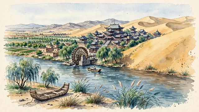 Watercolour of Zhongwei, China. Centered around Shapotou where the golden dunes of the Tengger Desert meet the rushing Yellow River, and the Gaomiao Temple, with Shapotou Scenic Area and Gaomiao Temple.