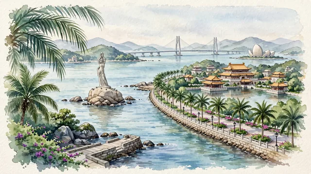 Watercolour of Zhuhai, China. Centered around The Fishing Girl (Fisher Girl) statue on Lovers' Road, the New Yuanming Palace, and the Hong Kong-Zhuhai-Macao Bridge, with Zhuhai Fishing Girl and Lovers' Road.
