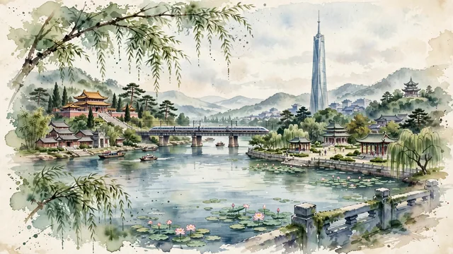 Watercolour of Zhuzhou, China. Centered around The Xiangjiang River waterfront with Shennong Park and the Shennong Tower, and the historic Emperor Yan (Shennong) Mausoleum. Featuring Shennong Park and Emperor Yan Mausoleum.