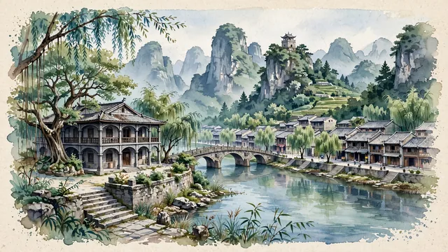 Watercolour of Zunyi, China. Centered around The historic Zunyi Conference Site with its two-story brick-and-timber mansion, the Xiangjiang River waterfront, and the dramatic karst cliffs of Loushan Pass. Featuring Zunyi Conference Site and Xiangjiang River.